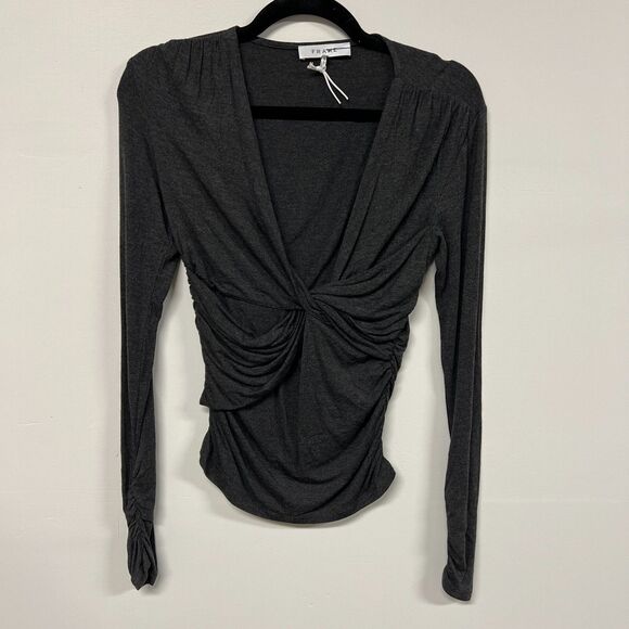 Frame Womens Plunge Twist Front Long Sleeve Modal Top Gray Charcoal Small Sexy - Picture 2 of 13